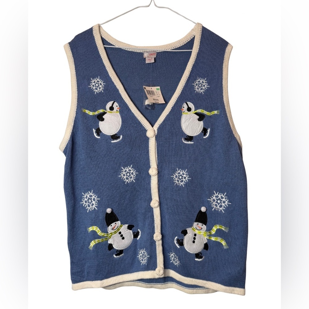 Holiday Editions Snowman Blue Knit Vest Y2K Size Large NWT Grannycore
